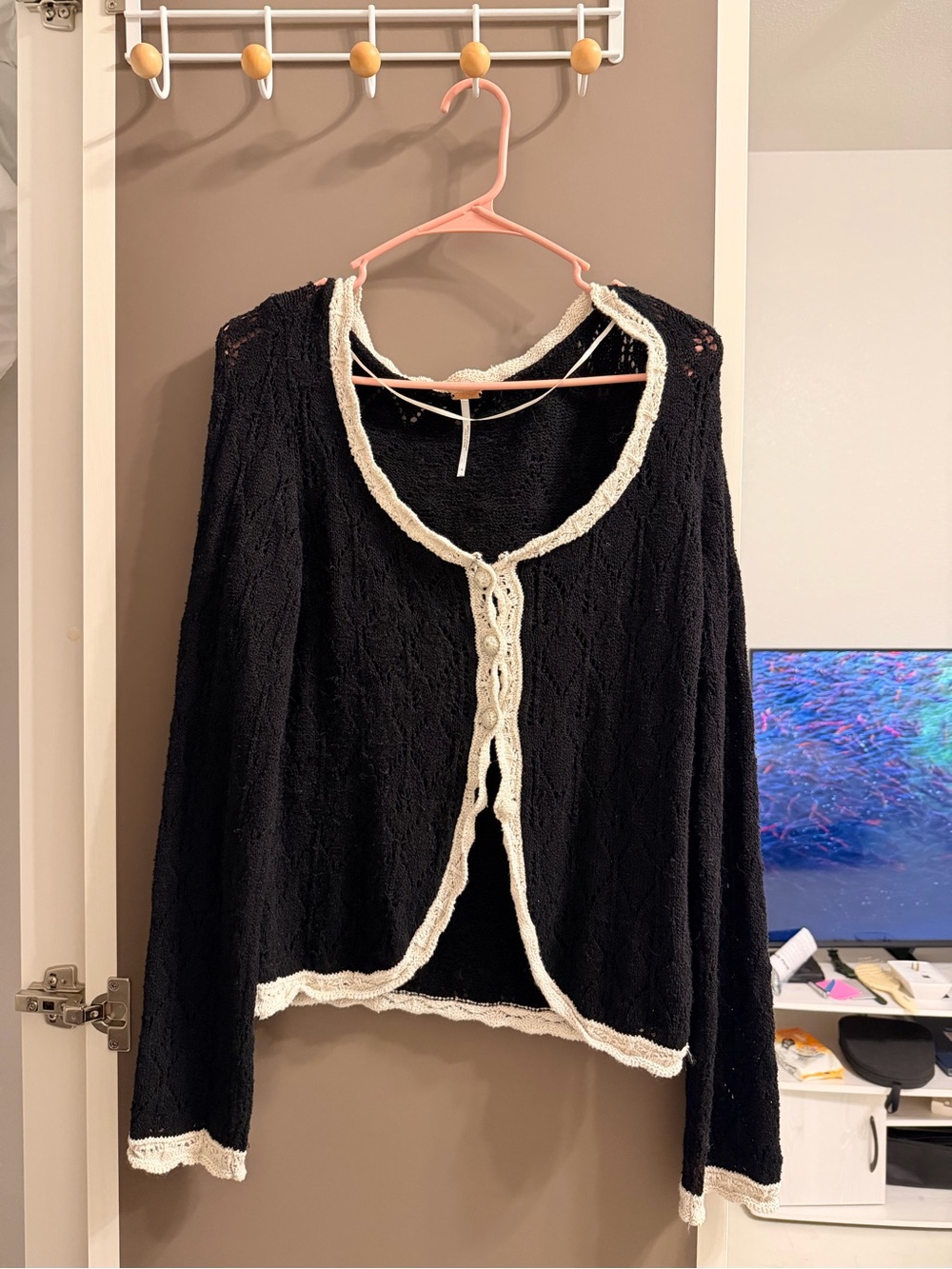 Free People Black Knit Cardigan with Cream Trim - Women's Sweater